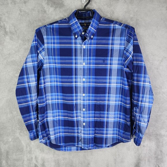 Mens Ralph Lauren Blue Plaid Shirt Classic Fit Button Down Long Sleeve Size L - Picture 2 of 9